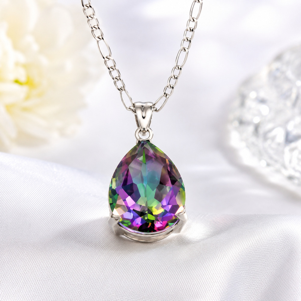 Mystic Quartz Teardrop Necklace 925 Sterling Rainbow Gem Mermaidcore Whimsygoth